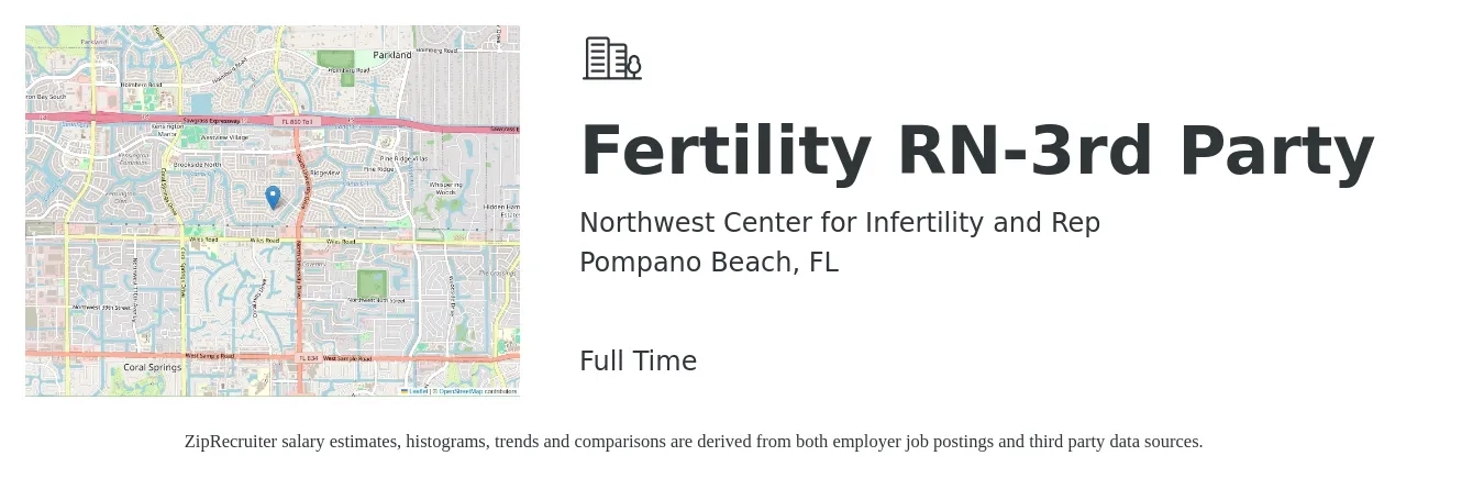 Northwest Center for Infertility and Rep job posting for a Fertility RN-3rd Party in Pompano Beach, FL with a salary of $34 to $54 Hourly with a map of Pompano Beach location.