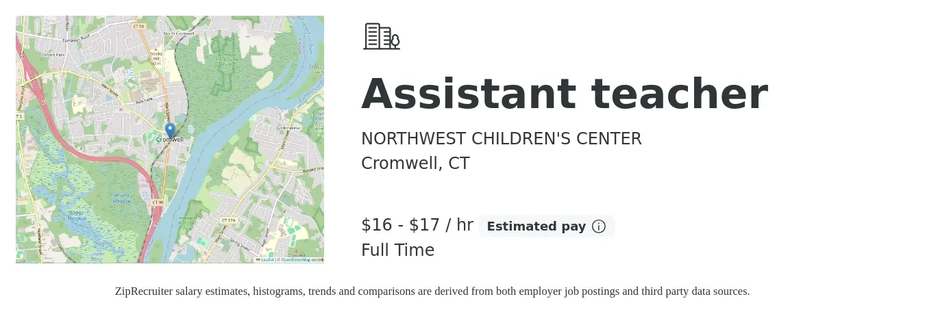 NORTHWEST CHILDREN'S CENTER job posting for a Assistant teacher in Cromwell, CT with a salary of $17 to $18 Hourly with a map of Cromwell location.