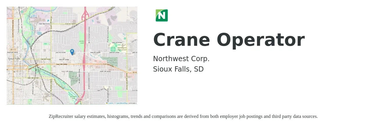 Northwest Corp. job posting for a Crane Operator in Sioux Falls, SD with a salary of $22 to $34 Hourly with a map of Sioux Falls location.