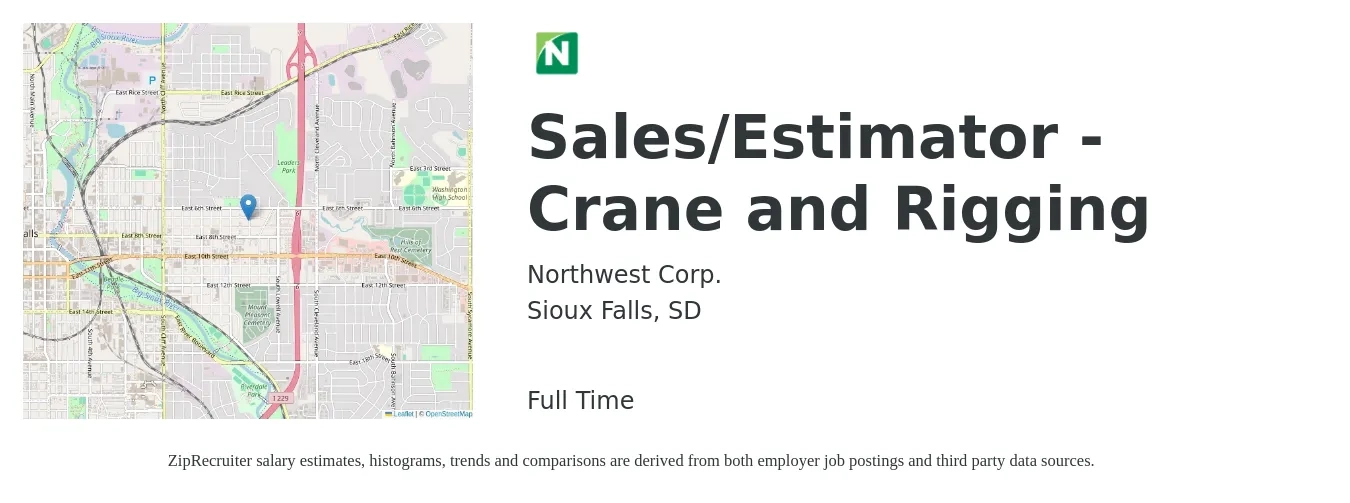 Northwest Corp. job posting for a Sales/Estimator - Crane and Rigging in Sioux Falls, SD with a salary of $48,200 to $70,100 Yearly with a map of Sioux Falls location.