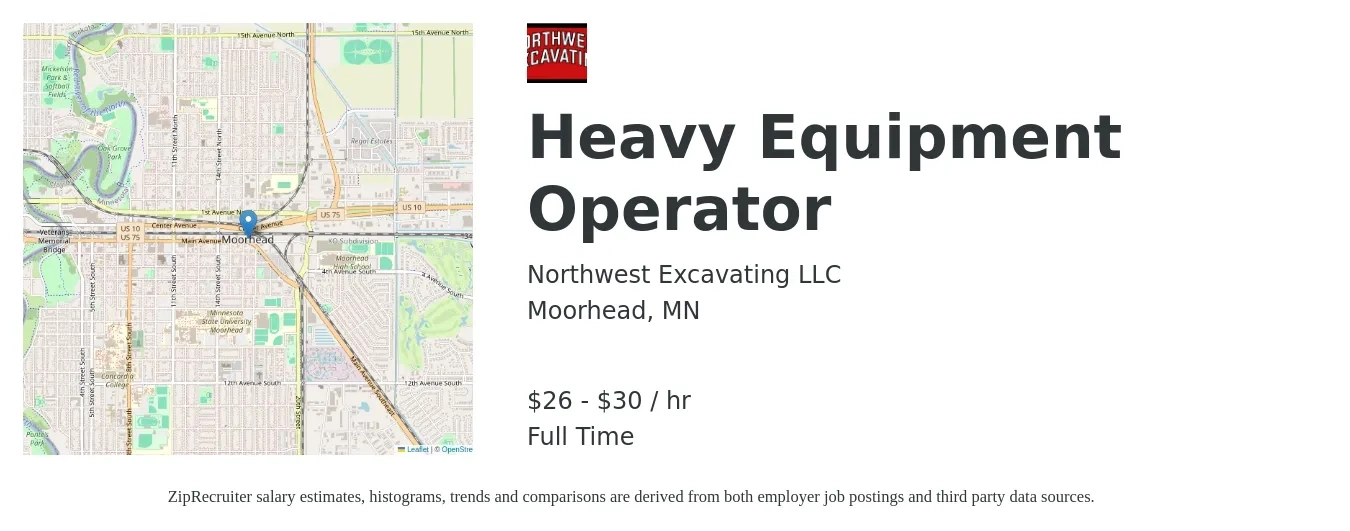 Northwest Excavating LLC job posting for a Heavy Equipment Operator in Moorhead, MN with a salary of $28 to $32 Hourly with a map of Moorhead location.