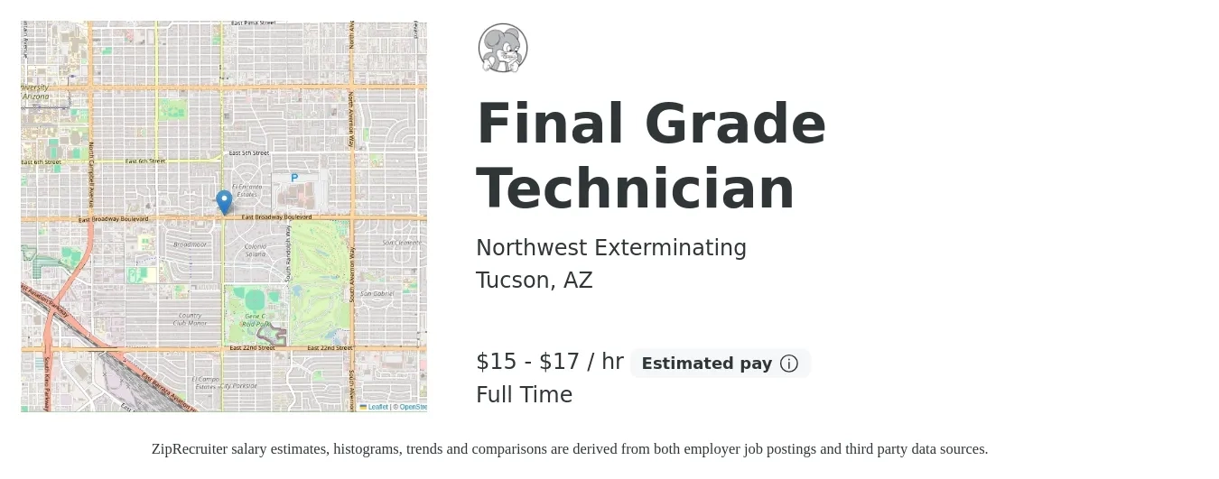 Northwest Exterminating job posting for a Final Grade Technician in Tucson, AZ with a salary of $16 to $18 Hourly with a map of Tucson location.