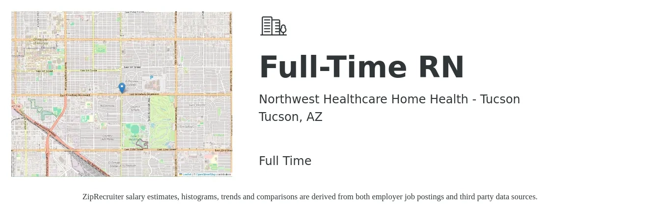 Northwest Healthcare Home Health - Tucson job posting for a Full-Time RN in Tucson, AZ with a salary of $1,500 to $2,250 Weekly with a map of Tucson location.