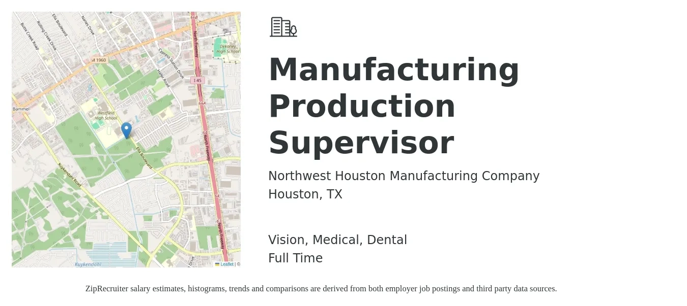 Northwest Houston Manufacturing Company job posting for a Manufacturing Production Supervisor in Houston, TX with a salary of $57,300 to $82,600 Yearly and benefits including medical, retirement, vision, dental, and life_insurance with a map of Houston location.