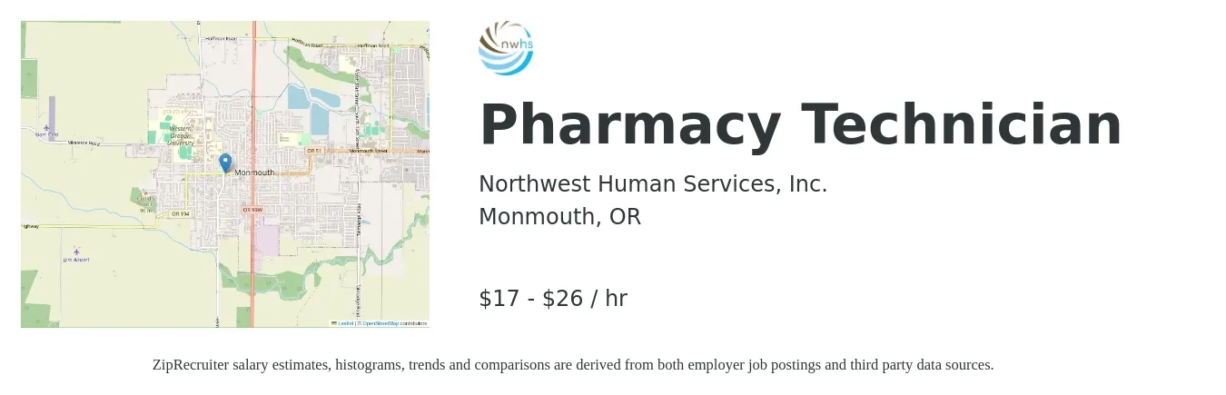 Northwest Human Services, Inc. job posting for a Pharmacy Technician in Monmouth, OR with a salary of $19 to $28 Hourly with a map of Monmouth location.