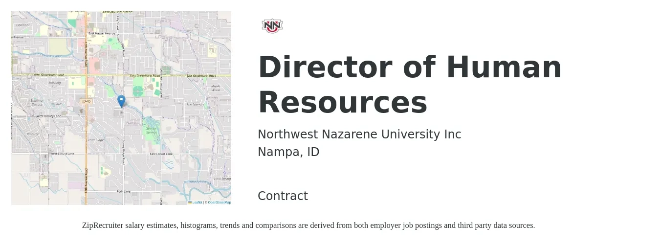 Northwest Nazarene University Inc job posting for a Director of Human Resources in Nampa, ID with a salary of $84,100 to $129,700 Yearly with a map of Nampa location.
