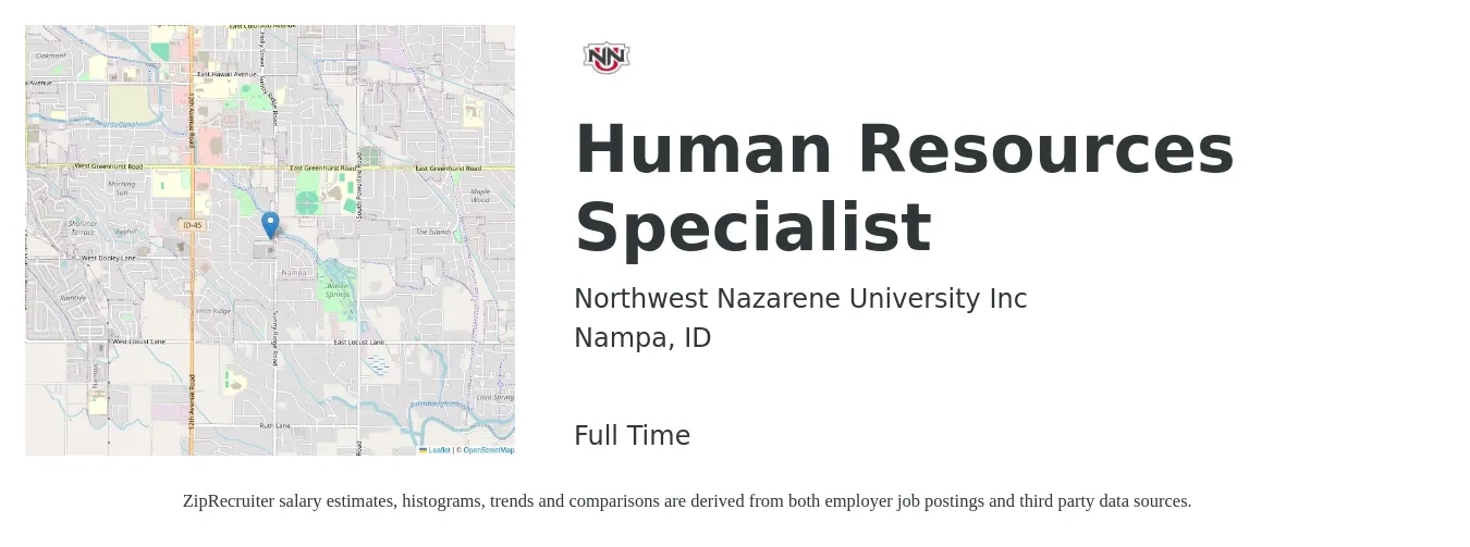 Northwest Nazarene University Inc job posting for a Human Resources Specialist in Nampa, ID with a salary of $44,700 to $93,600 Yearly with a map of Nampa location.