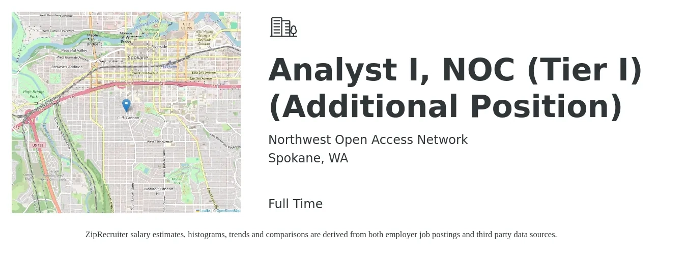 Northwest Open Access Network job posting for a Analyst I, NOC (Tier I) (Additional Position) in Spokane, WA with a salary of $16 to $23 Hourly with a map of Spokane location.