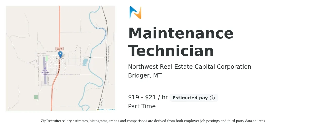 Northwest Real Estate Capital Corporation job posting for a Maintenance Technician in Bridger, MT with a salary of $20 to $22 Hourly with a map of Bridger location.
