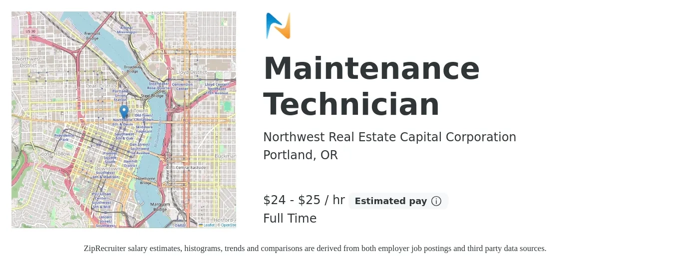 Northwest Real Estate Capital Corporation job posting for a Maintenance Technician in Portland, OR with a salary of $25 to $27 Hourly with a map of Portland location.