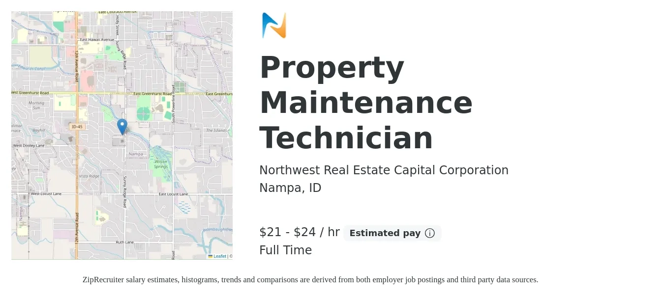 Northwest Real Estate Capital Corporation job posting for a Property Maintenance Technician in Nampa, ID with a salary of $22 to $25 Hourly with a map of Nampa location.