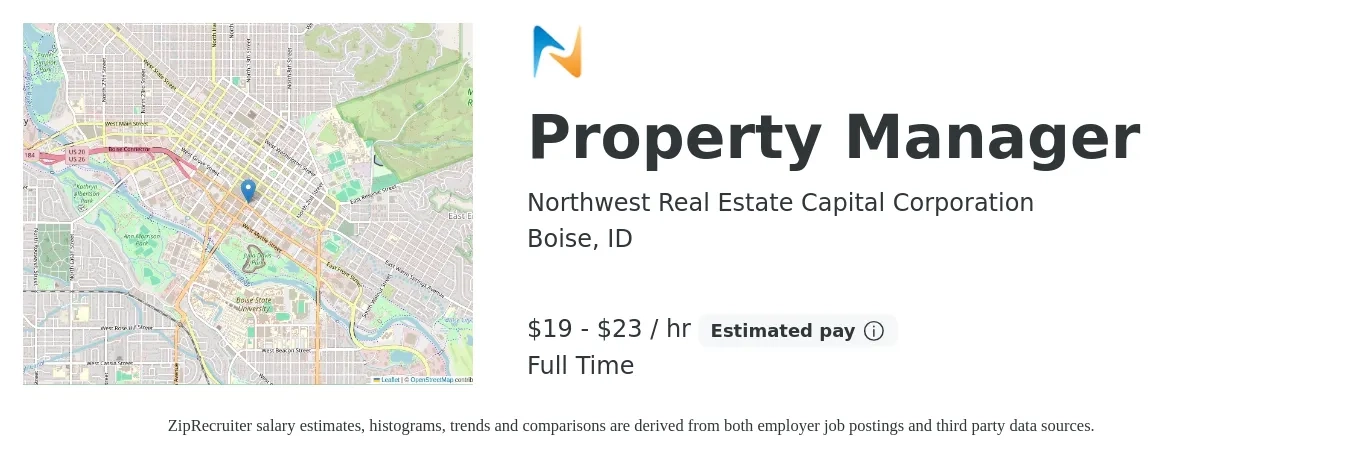 Northwest Real Estate Capital Corporation job posting for a Property Manager in Boise, ID with a salary of $20 to $25 Hourly with a map of Boise location.