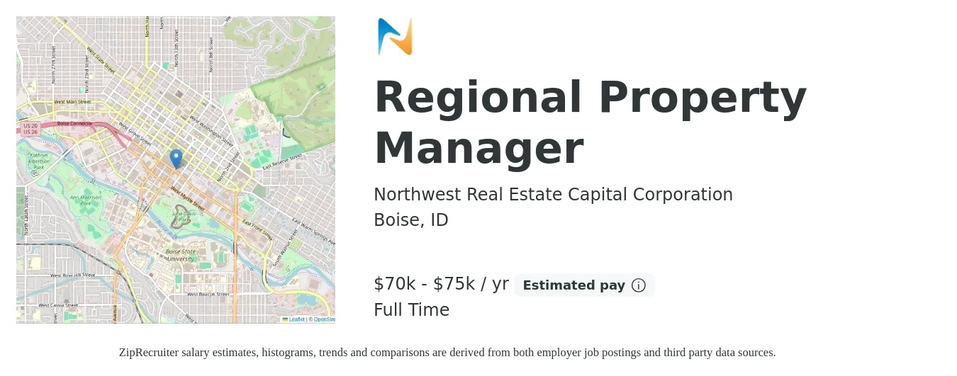 Northwest Real Estate Capital Corporation job posting for a Regional Property Manager in Boise, ID with a salary of $70,000 to $75,000 Yearly with a map of Boise location.