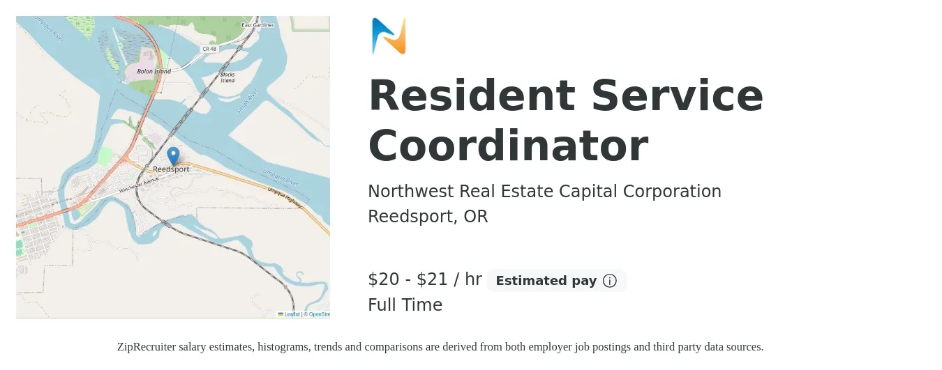 Northwest Real Estate Capital Corporation job posting for a Resident Service Coordinator in Reedsport, OR with a salary of $21 to $22 Hourly with a map of Reedsport location.