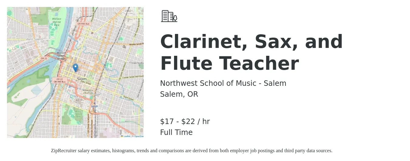 Northwest School of Music - Salem job posting for a Clarinet, Sax, and Flute Teacher in Salem, OR with a salary of $18 to $23 Hourly with a map of Salem location.