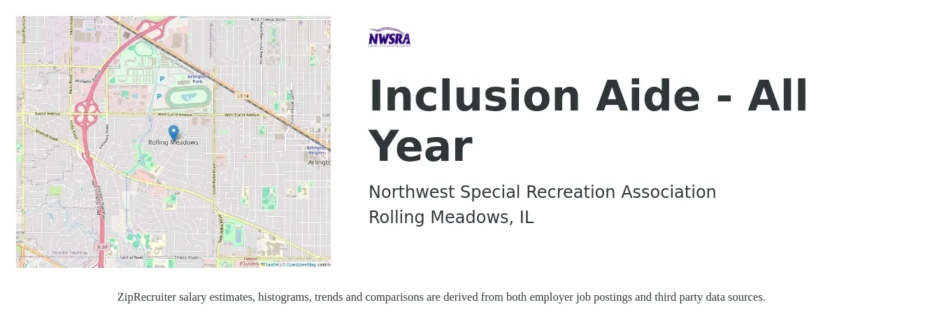 Northwest Special Recreation Association job posting for a Inclusion Aide - All Year in Rolling Meadows, IL with a salary of $16 Hourly with a map of Rolling Meadows location.