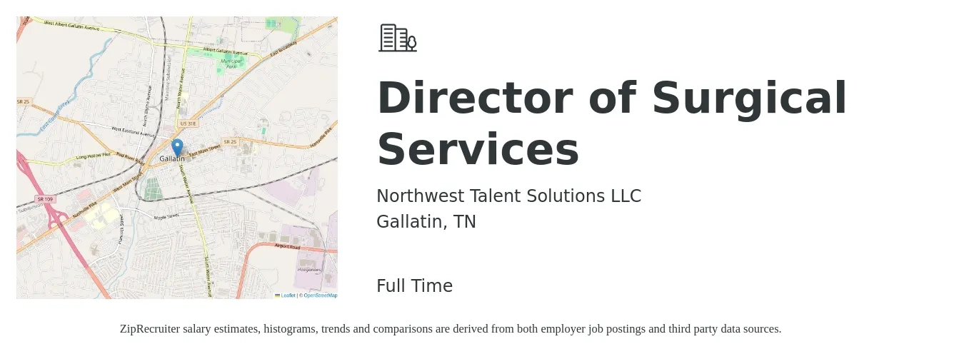 Northwest Talent Solutions LLC job posting for a Director of Surgical Services in Gallatin, TN with a salary of $115,100 to $145,200 Yearly with a map of Gallatin location.