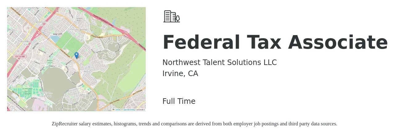 Northwest Talent Solutions LLC job posting for a Federal Tax Associate in Irvine, CA with a salary of $62,800 to $83,700 Yearly with a map of Irvine location.