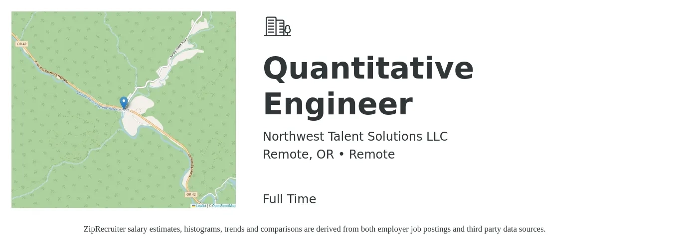 Northwest Talent Solutions LLC job posting for a Quantitative Engineer in Remote, OR with a salary of $116,400 to $138,400 Yearly with a map of Remote location.