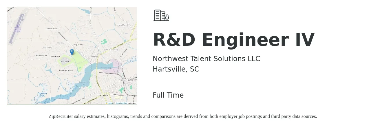 Northwest Talent Solutions LLC job posting for a R&D Engineer IV in Hartsville, SC with a salary of $82,900 to $104,400 Yearly with a map of Hartsville location.