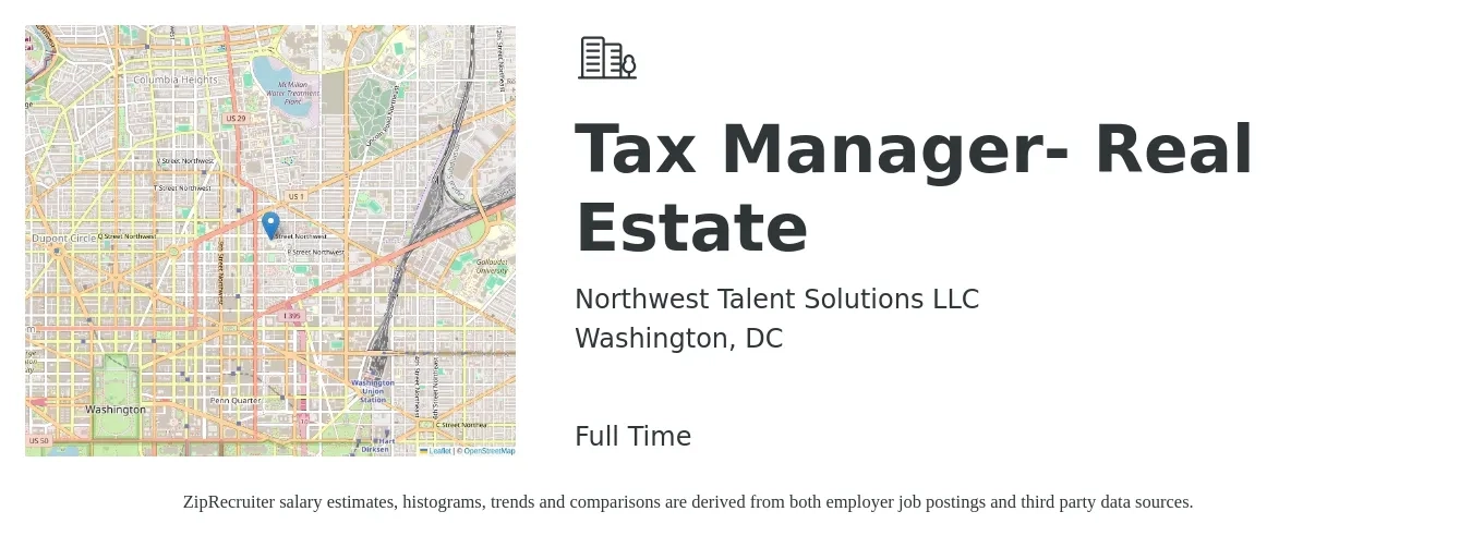 Northwest Talent Solutions LLC job posting for a Tax Manager- Real Estate in Washington, DC with a salary of $125,700 to $164,800 Yearly with a map of Washington location.