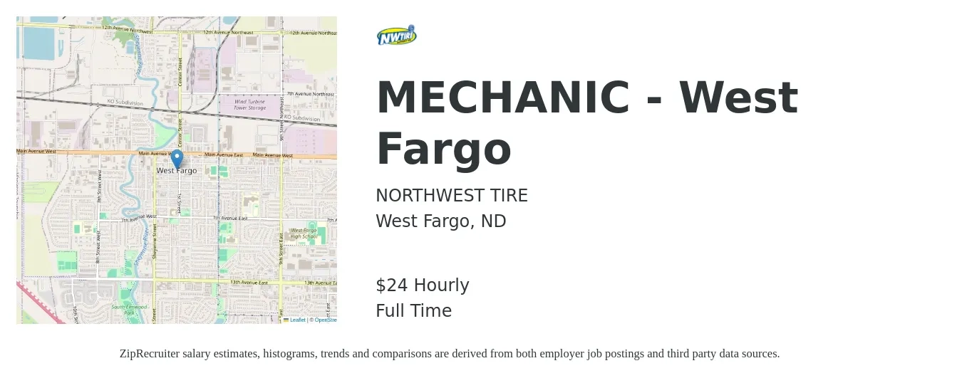 NORTHWEST TIRE job posting for a MECHANIC - West Fargo in West Fargo, ND with a salary of $25 Hourly with a map of West Fargo location.