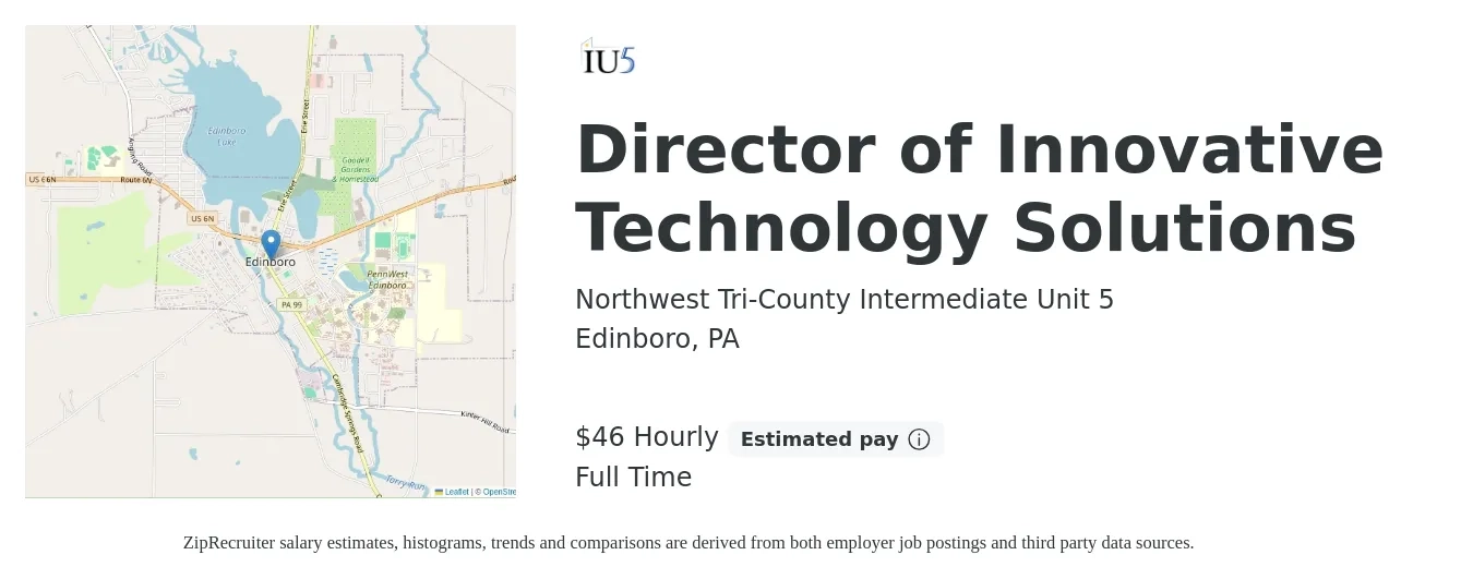 Northwest Tri-county Intermediate Unit 5 job posting for a Director of Innovative Technology Solutions in Edinboro, PA with a salary of $79,500 to $135,900 Yearly with a map of Edinboro location.