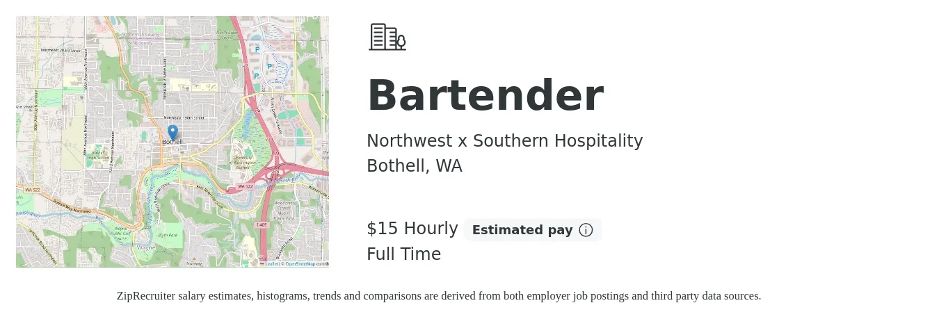 Northwest x Southern Hospitality job posting for a Bartender in Bothell, WA with a salary of $16 Hourly with a map of Bothell location.