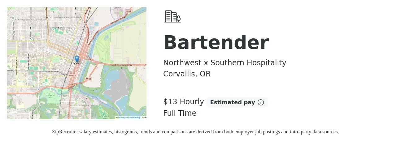 Northwest x Southern Hospitality job posting for a Bartender in Corvallis, OR with a salary of $14 Hourly with a map of Corvallis location.