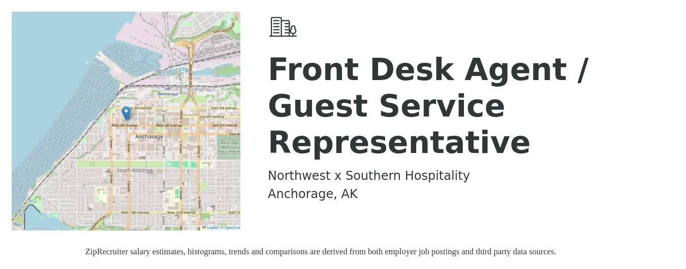 Northwest x Southern Hospitality job posting for a Front Desk Agent / Guest Service Representative in Anchorage, AK with a salary of $16 Hourly with a map of Anchorage location.