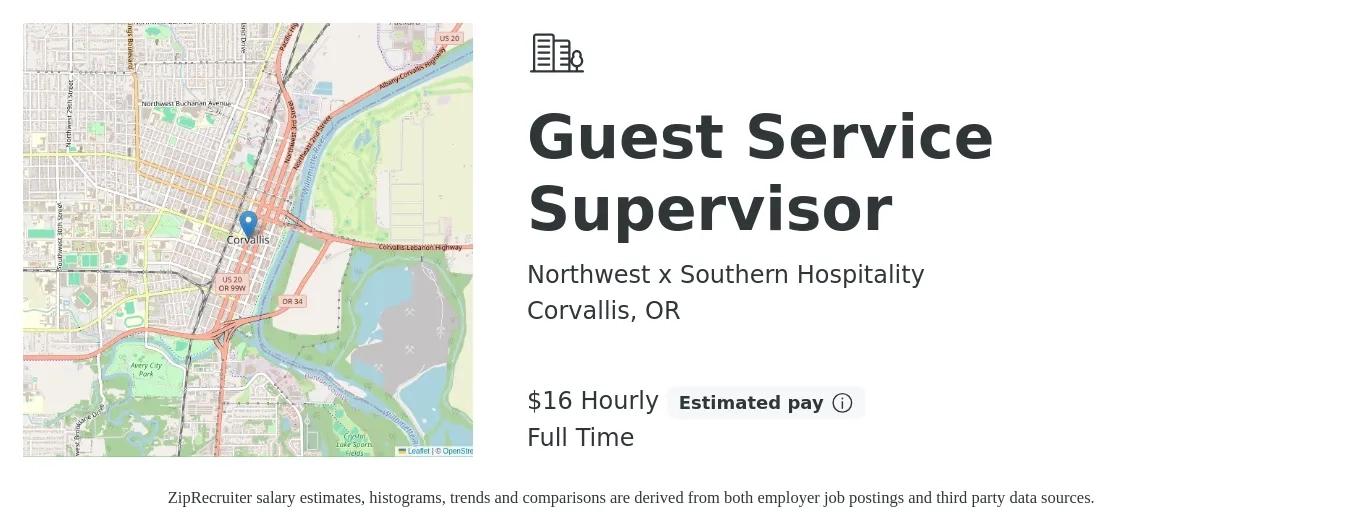 Northwest x Southern Hospitality job posting for a Guest Service Supervisor in Corvallis, OR with a salary of $17 Hourly with a map of Corvallis location.