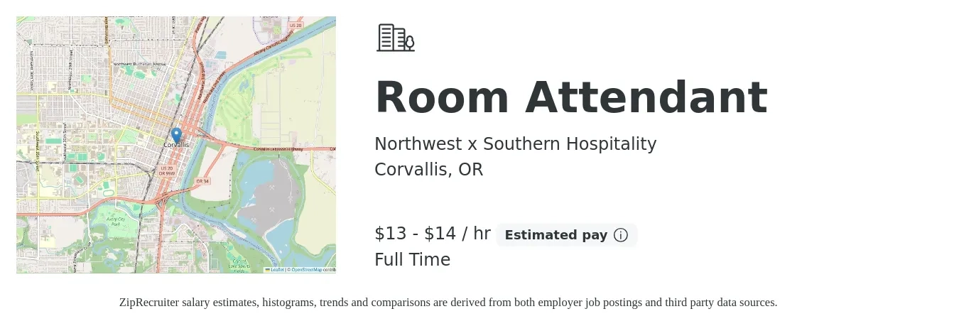 Northwest x Southern Hospitality job posting for a Room Attendant in Corvallis, OR with a salary of $14 to $17 Hourly with a map of Corvallis location.