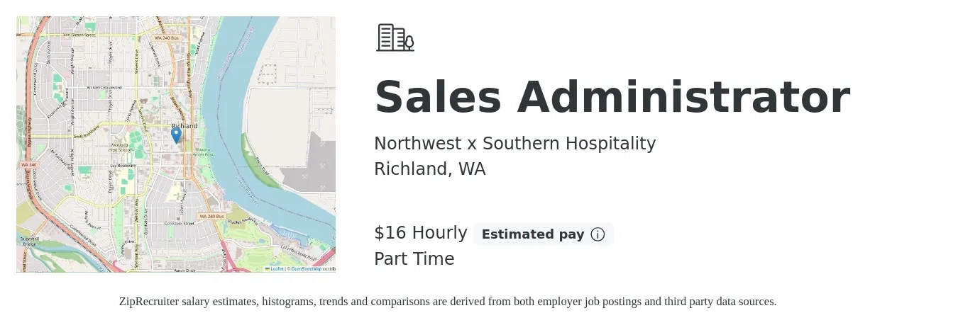Northwest x Southern Hospitality job posting for a Sales Administrator in Richland, WA with a salary of $17 Hourly with a map of Richland location.