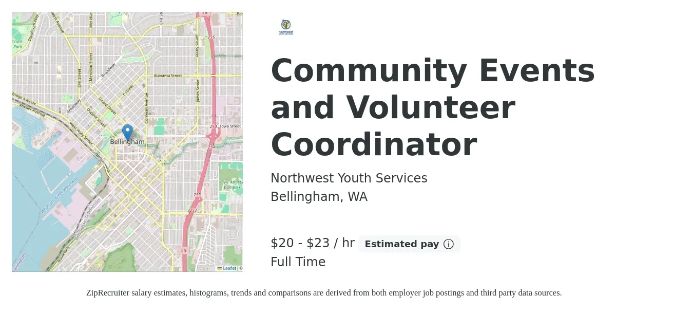 Northwest Youth Services job posting for a Community Events and Volunteer Coordinator in Bellingham, WA with a salary of $21 to $24 Hourly with a map of Bellingham location.