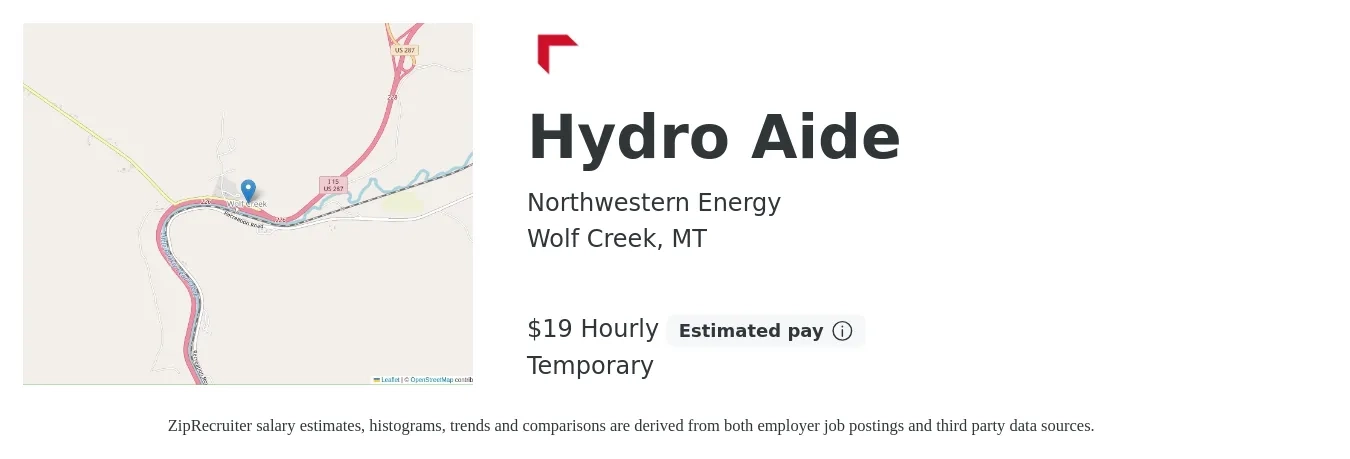 Northwestern Energy job posting for a Hydro Aide in Wolf Creek, MT with a salary of $20 to $21 Hourly with a map of Wolf Creek location.