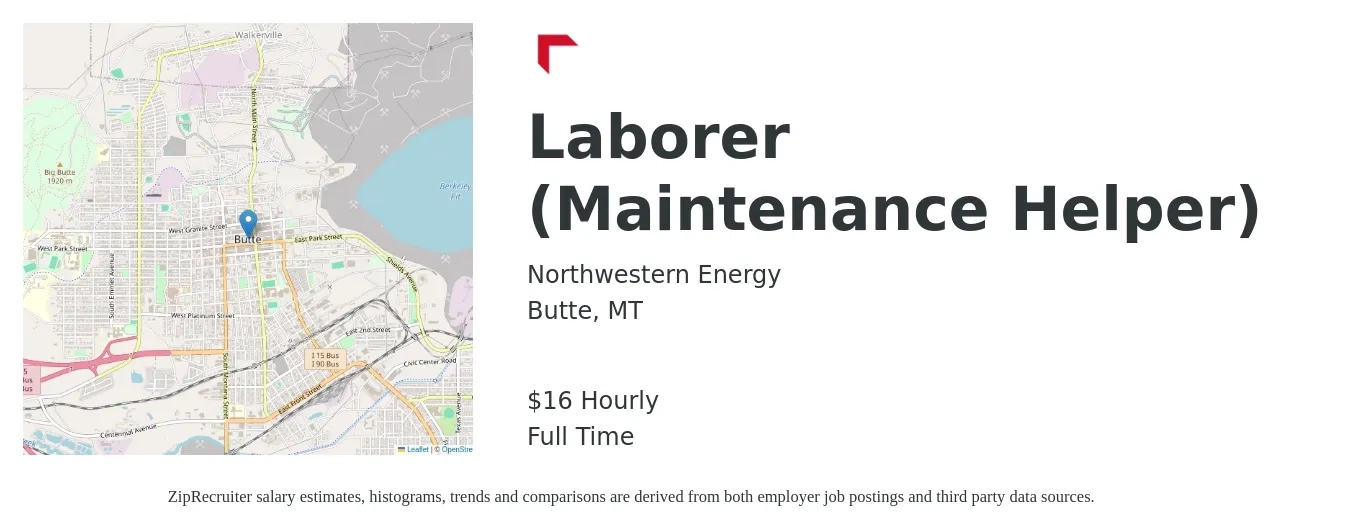Northwestern Energy job posting for a Laborer (Maintenance Helper) in Butte, MT with a salary of $17 Hourly with a map of Butte location.