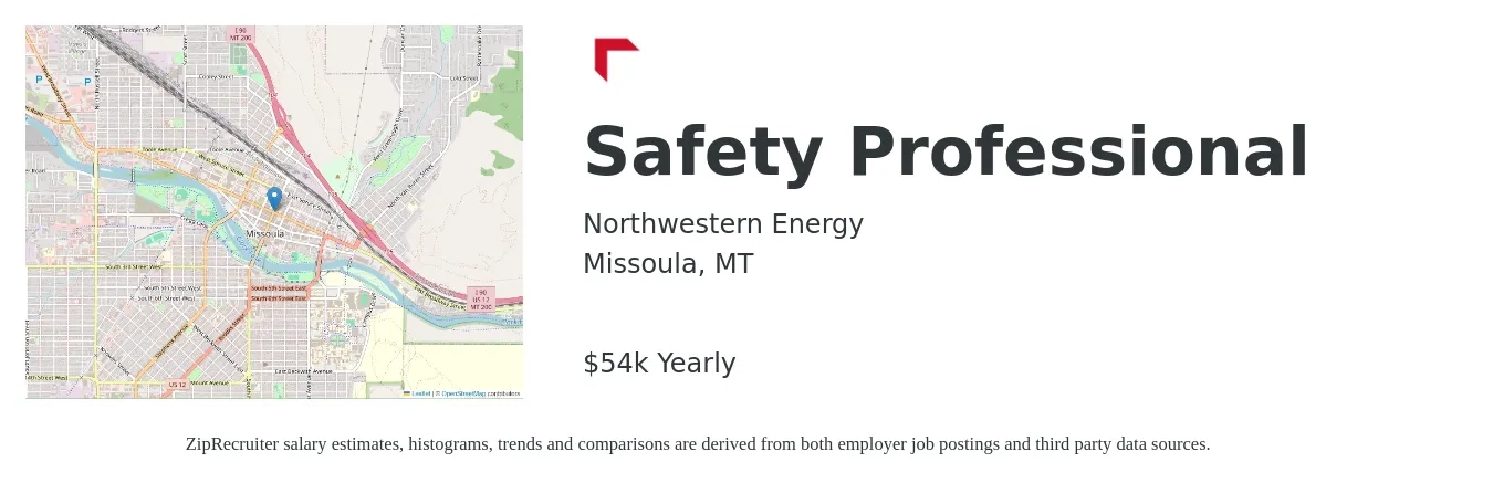NorthWestern Energy job posting for a Safety Professional in Missoula, MT with a salary of $54,000 Yearly with a map of Missoula location.