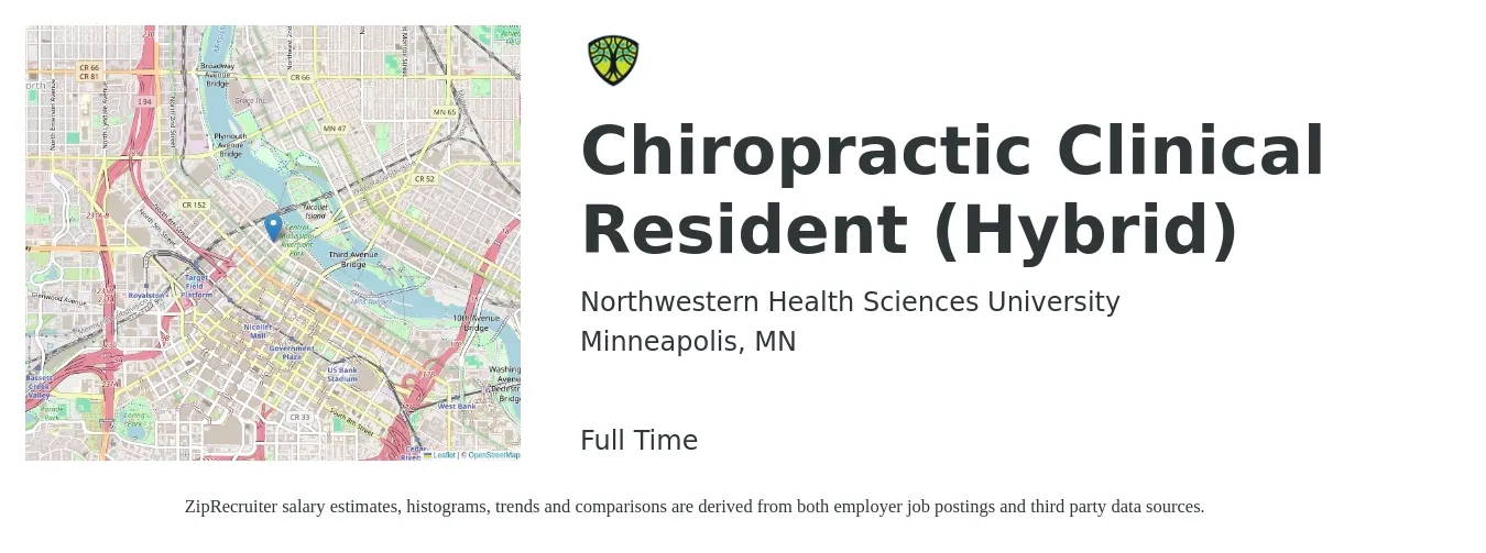 Northwestern Health Sciences University job posting for a Chiropractic Clinical Resident (Hybrid) in Minneapolis, MN with a salary of $13 to $16 Hourly with a map of Minneapolis location.