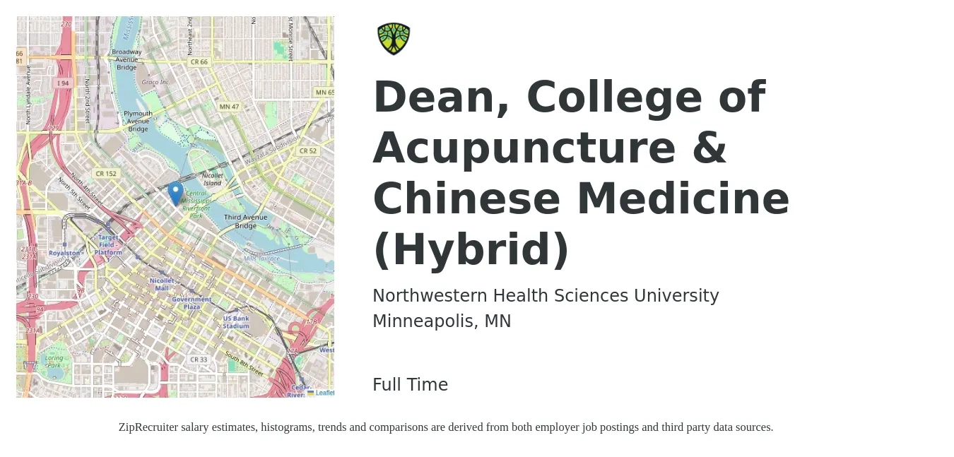 Northwestern Health Sciences University job posting for a Dean, College of Acupuncture & Chinese Medicine (Hybrid) in Minneapolis, MN with a salary of $74,400 to $132,100 Yearly with a map of Minneapolis location.