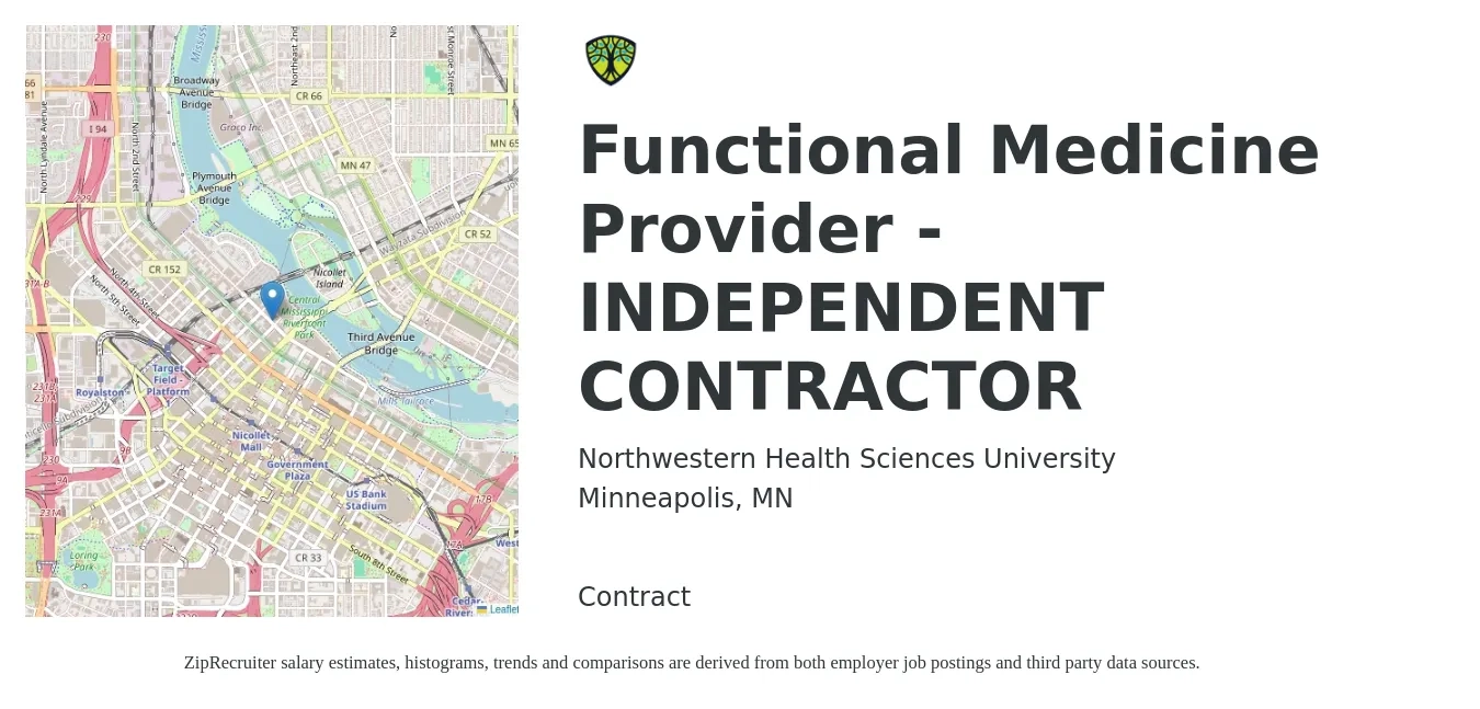 Northwestern Health Sciences University job posting for a Functional Medicine Provider - INDEPENDENT CONTRACTOR in Minneapolis, MN with a salary of $52,800 to $251,200 Yearly with a map of Minneapolis location.