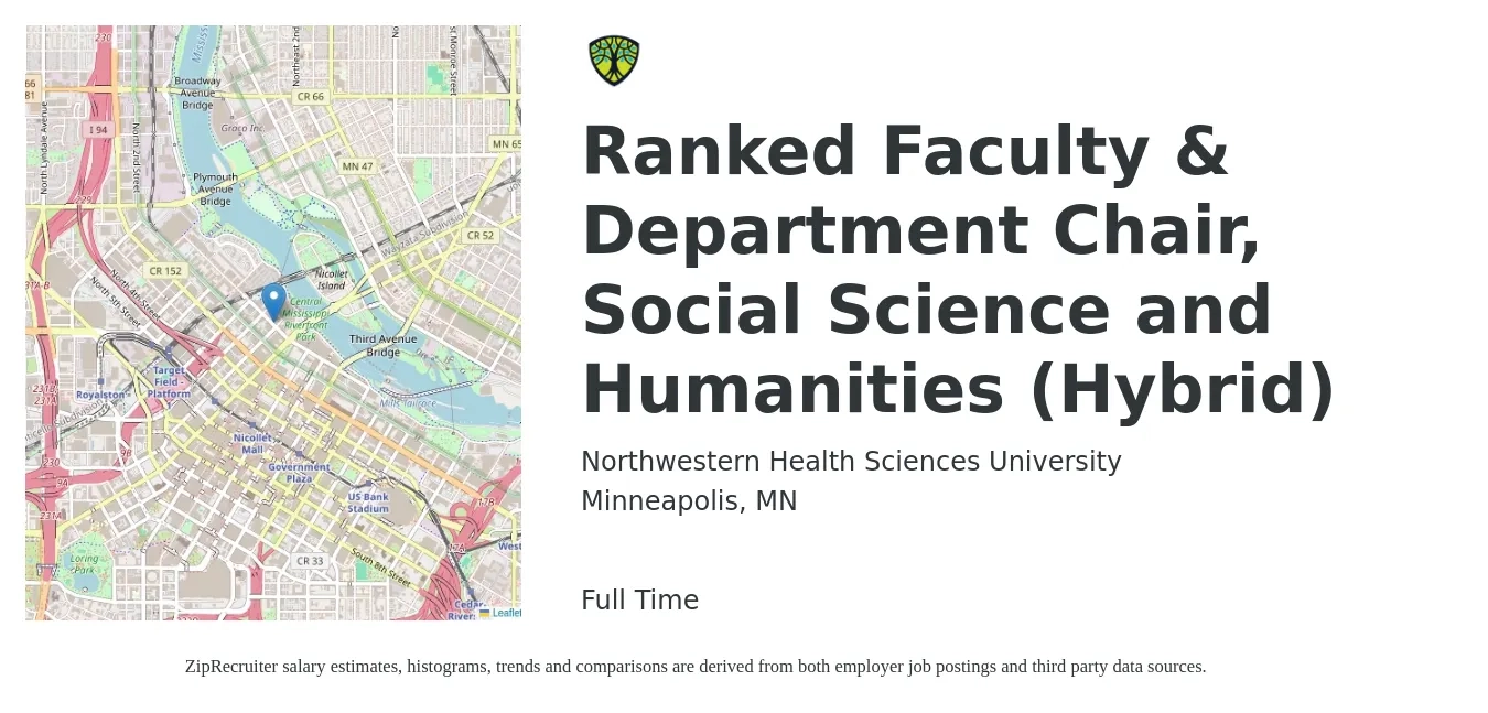 Northwestern Health Sciences University job posting for a Ranked Faculty & Department Chair, Social Science and Humanities (Hybrid) in Minneapolis, MN with a salary of $42,200 to $76,400 Yearly with a map of Minneapolis location.