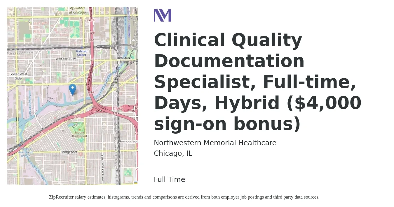 Northwestern Memorial Healthcare job posting for a Clinical Quality Documentation Specialist, Full-time, Days, Hybrid ($4,000 sign-on bonus) in Chicago, IL with a salary of $36 to $48 Hourly with a map of Chicago location.