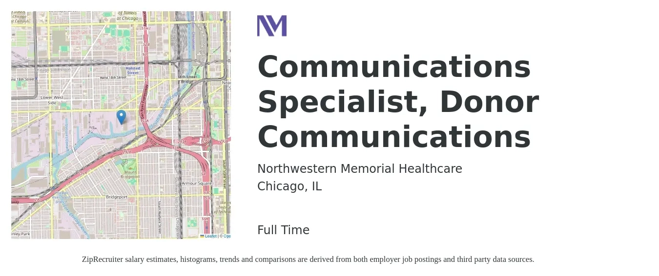 Northwestern Memorial Healthcare job posting for a Communications Specialist, Donor Communications in Chicago, IL with a salary of $55,200 to $73,200 Yearly with a map of Chicago location.