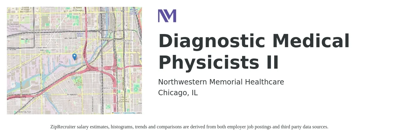 Northwestern Memorial Healthcare job posting for a Diagnostic Medical Physicists II in Chicago, IL with a salary of $60,800 to $115,500 Yearly with a map of Chicago location.
