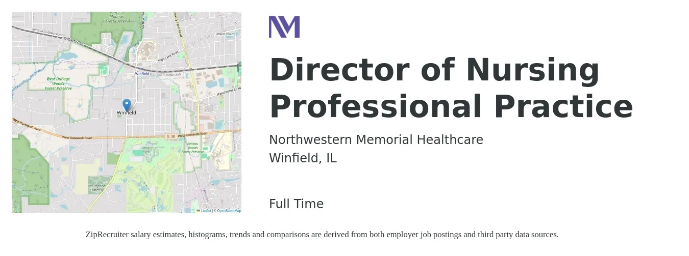 Northwestern Memorial Healthcare job posting for a Director of Nursing Professional Practice in Winfield, IL with a salary of $93,800 to $170,900 Yearly with a map of Winfield location.