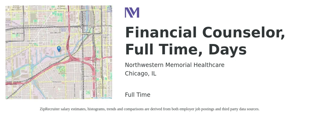 Northwestern Memorial Healthcare job posting for a Financial Counselor, Full Time, Days in Chicago, IL with a salary of $20 to $26 Hourly with a map of Chicago location.