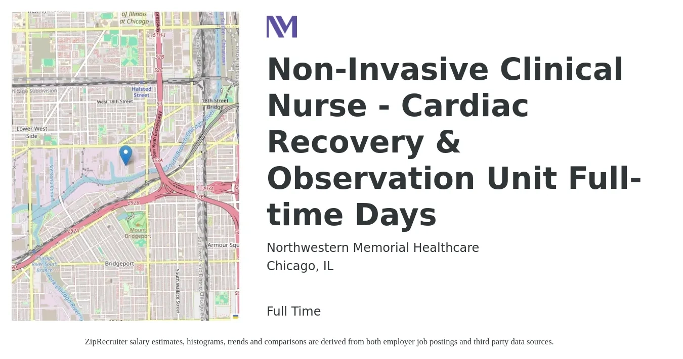 Northwestern Memorial Healthcare job posting for a Non-Invasive Clinical Nurse - Cardiac Recovery & Observation Unit Full-time Days in Chicago, IL with a salary of $34 to $54 Hourly with a map of Chicago location.
