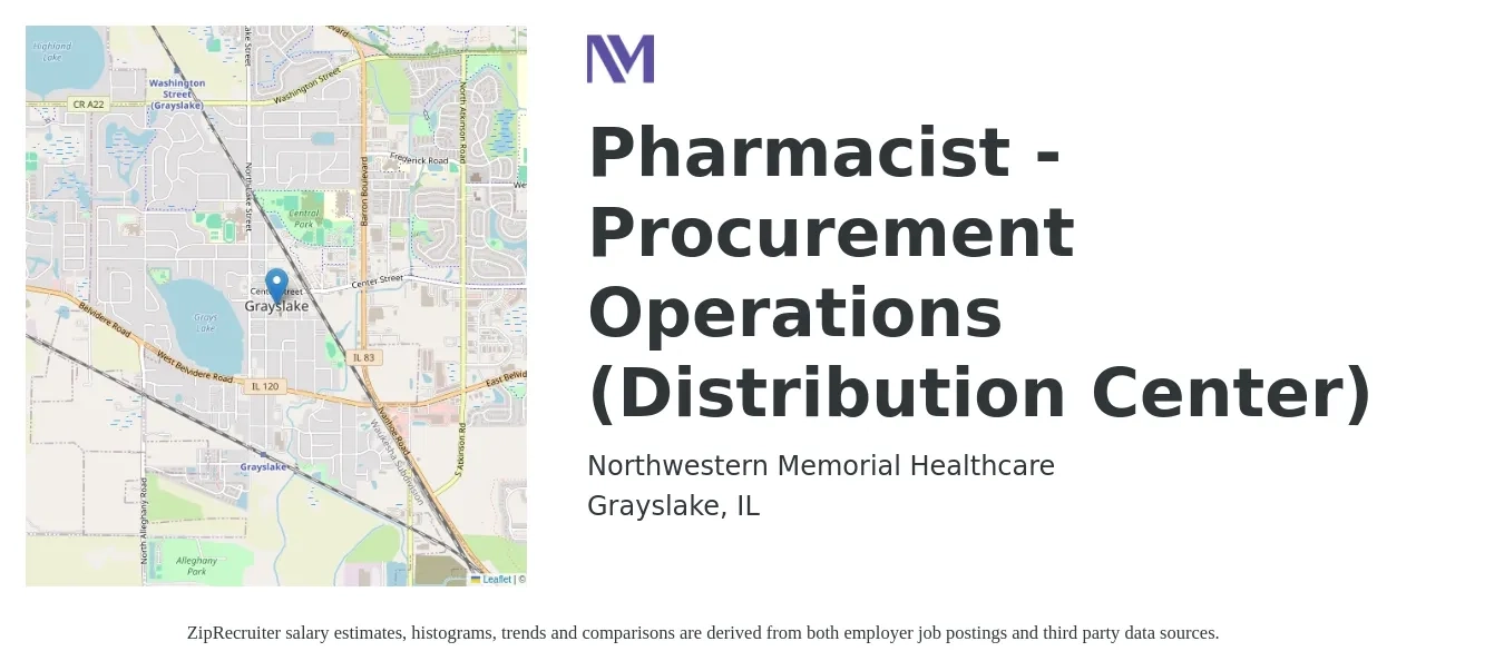 Northwestern Memorial Healthcare job posting for a Pharmacist - Procurement Operations (Distribution Center) in Grayslake, IL with a salary of $75,900 to $146,900 Yearly with a map of Grayslake location.