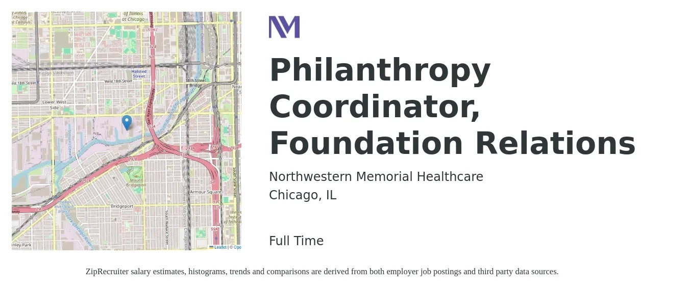 Northwestern Memorial Healthcare job posting for a Philanthropy Coordinator, Foundation Relations in Chicago, IL with a salary of $41,200 to $60,800 Yearly with a map of Chicago location.