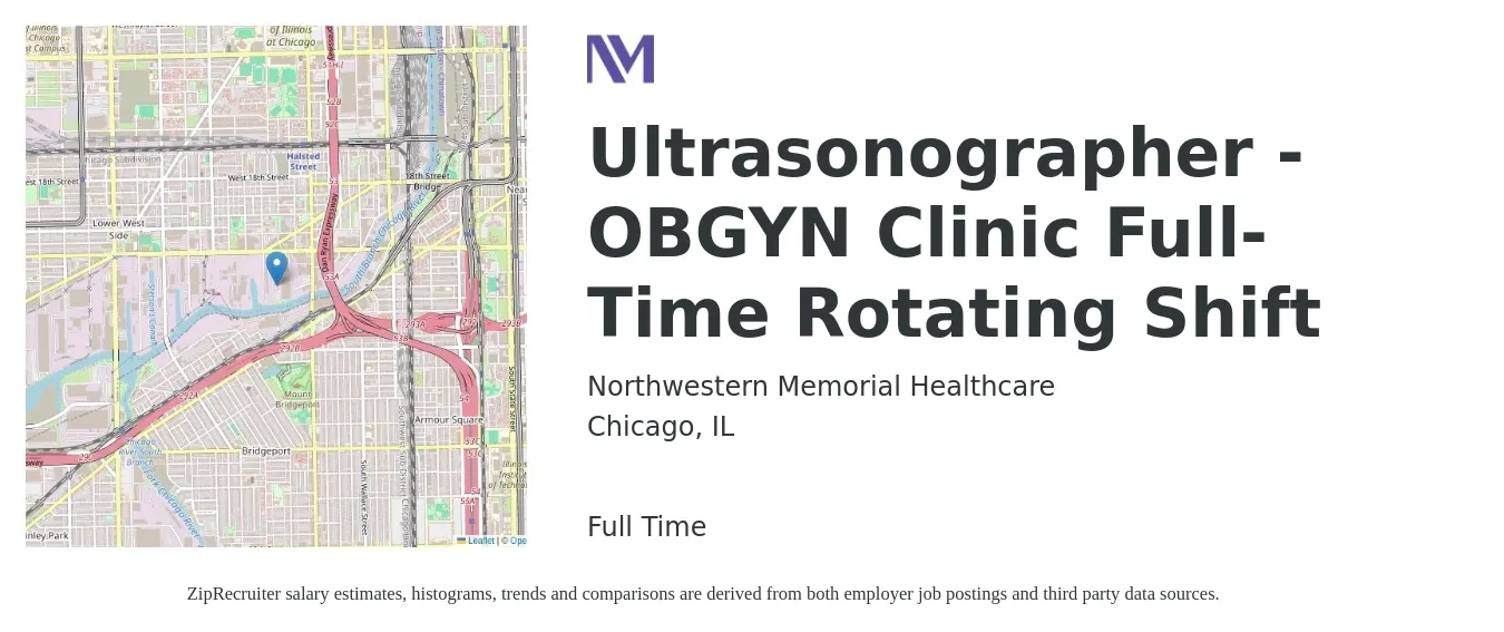 Northwestern Memorial Healthcare job posting for a Ultrasonographer - OBGYN Clinic Full-Time Rotating Shift in Chicago, IL with a salary of $36 to $46 Hourly with a map of Chicago location.